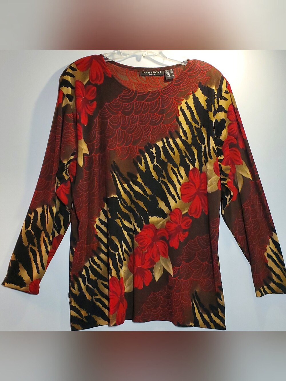 Impressions Red and Brown Floral Animal-Print Long Sleeve Top Medium